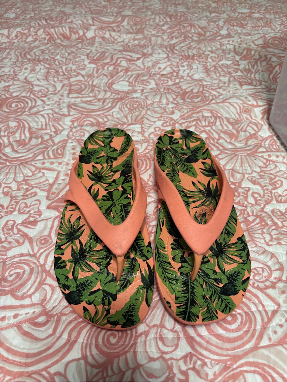 CROCS Women's Coral Flip Sandals with Green Tropical Print